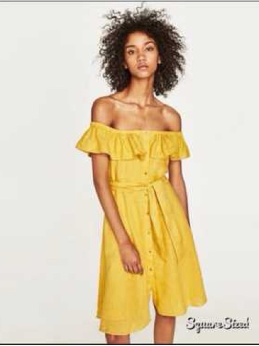 Zara Yellow Off-Shoulder Linen Button-Front Dress with Waist Tie